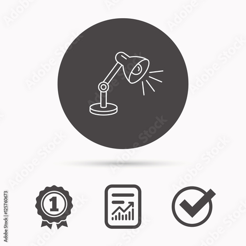 Table lamp icon. Desk light sign. Report document, winner award and tick. Round circle button with icon. Vector