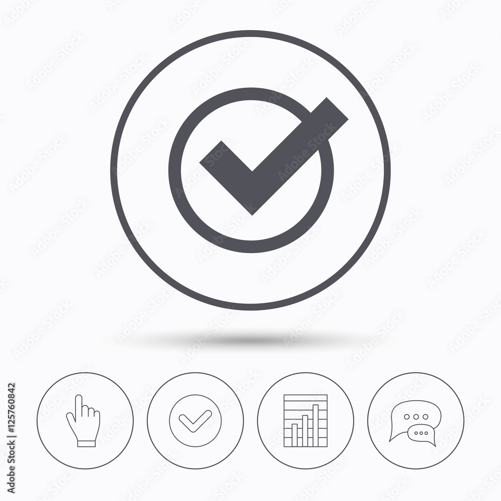 Tick icon. Check or confirm symbol. Chat speech bubbles. Check tick, report chart and hand click. Linear icons. Vector Tick icon. Check or confirm symbol. Chat speech bubbles. Check tick, report chart and hand click. Linear icons. Vector