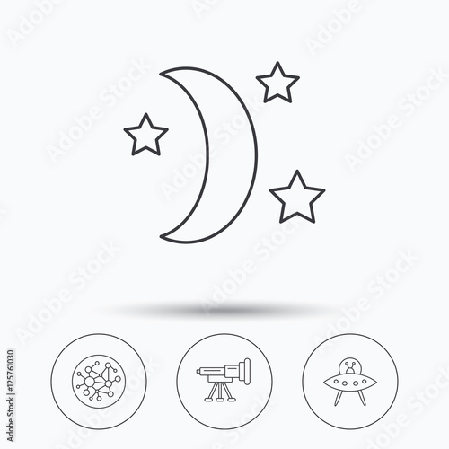 Ufo, global network and telescope icons. Night linear sign. Linear icons in circle buttons. Flat web symbols. Vector