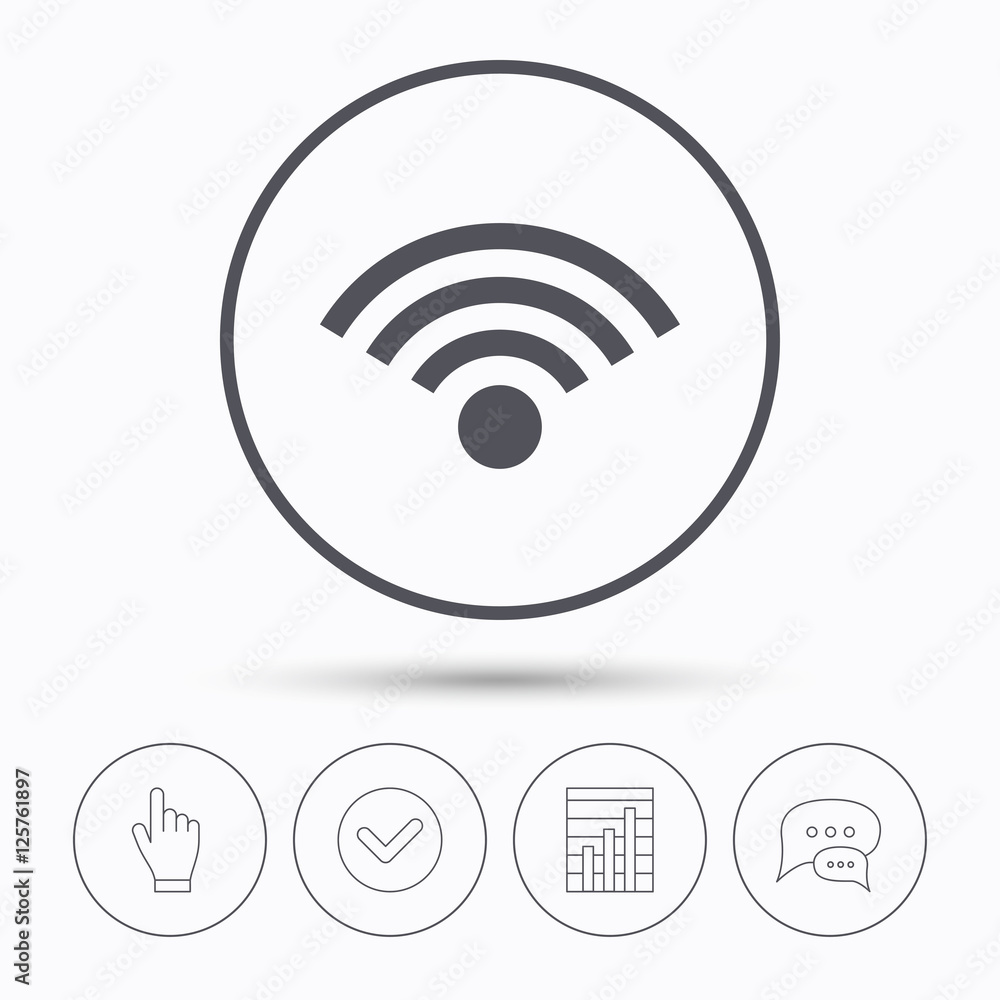 Wifi icon. Wireless internet sign. Communication technology symbol. Chat speech bubbles. Check tick, report chart and hand click. Linear icons. Vector Wifi icon. Wireless internet sign. Communication technology symbol. Chat speech bubbles. Check tick, report chart and hand click. Linear icons. Vector