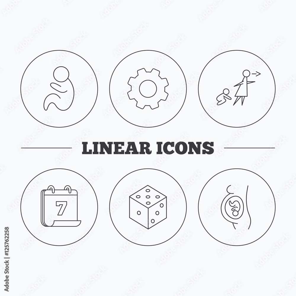 Pregnancy, paediatrics and dice icons. Unattended linear sign. Flat cogwheel and calendar symbols. Linear icons in circle buttons. Vector Pregnancy, paediatrics and dice icons. Unattended linear sign. Flat cogwheel and calendar symbols. Linear icons in circle buttons. Vector