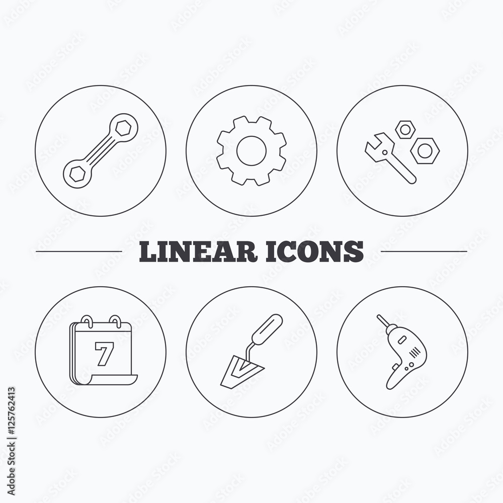 Spanner repair tool, spatula and bolt icons. Drill linear sign. Flat cogwheel and calendar symbols. Linear icons in circle buttons. Vector Spanner repair tool, spatula and bolt icons. Drill linear sign. Flat cogwheel and calendar symbols. Linear icons in circle buttons. Vector