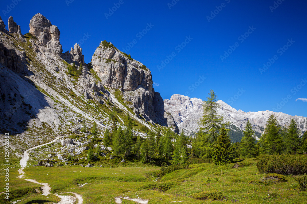 Beautiful landscape on the way from Misurina to Tre Cime di Lavaredo in Dolomites. Mountains in Northern Italy