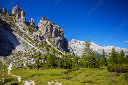 Beautiful landscape on the way from Misurina to Tre Cime di Lavaredo in Dolomites. Mountains in Northern Italy
