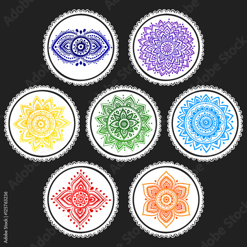 Bohemian Indian chakra Mandalas. Vintage Henna tattoo style Indi