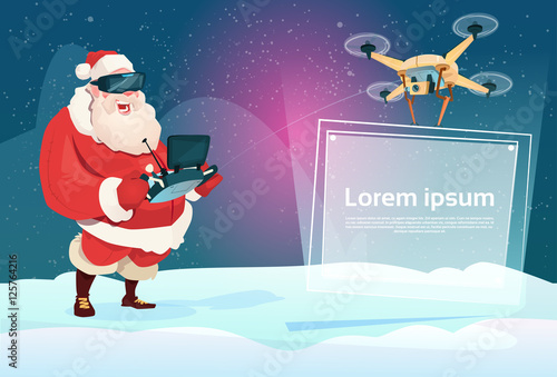 Santa Claus Wear Virtual Reality Digital Glasses Headset Drone Flying With Banner Signboard Copy Space Flat Vector Illustration