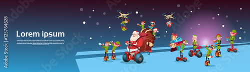 Santa Claus With Sack Ride Electric Segway Scooter, Elf Flying On Drone Present Delivery Christmas Holiday New Year Banner Flat Vector Illustration