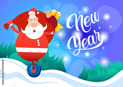 Santa Claus With Big Present Sack Ride Electric Mono Wheel Christmas Holiday Happy New Year Greeting Card Flat Vector Illustration