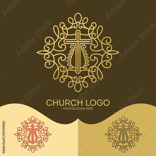 Church logo. Christian symbols. The cross of Jesus and elegant patterns.