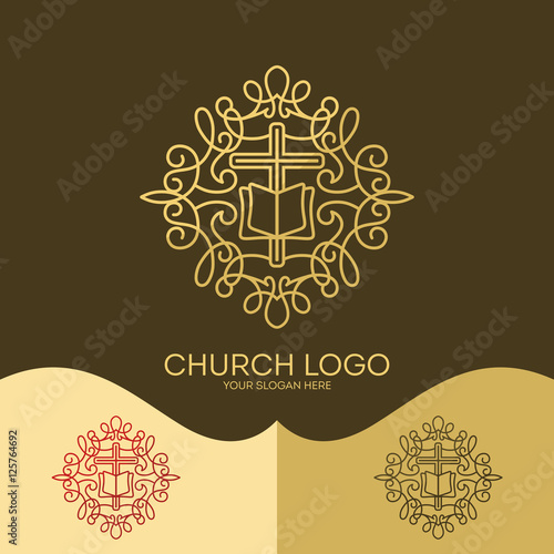 Church logo. Christian symbols. The Cross of Jesus, the Bible - God's Holy word, elegant patterns.