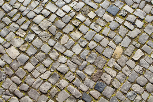 Top view of old, historical cobblestone road in Berlin