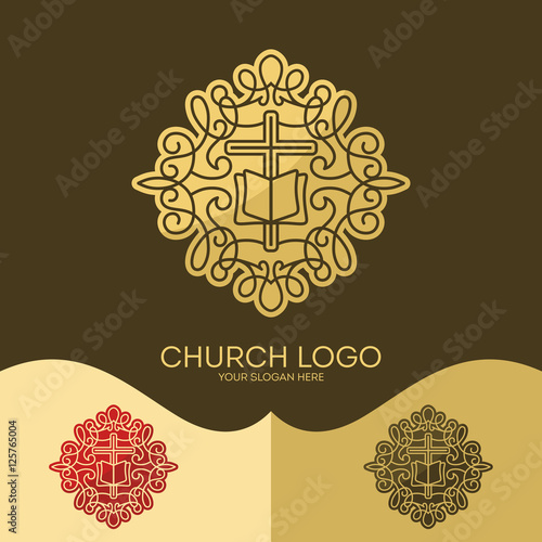 Church logo. Christian symbols. The Cross of Jesus, the Bible - God's Holy word, elegant patterns.