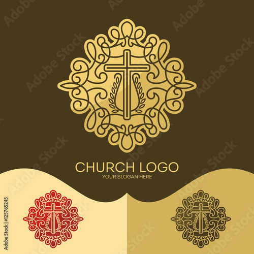 Church logo. Christian symbols. The cross of Jesus and elegant patterns.