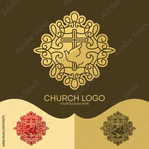 Church logo. Christian symbols. The Cross of Jesus, the Holy Spirit - Dove, elegant patterns.