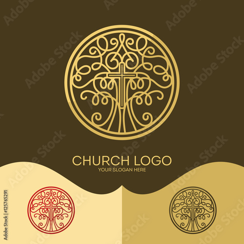 Church logo. Christian symbols. The cross of Jesus and elegant patterns.