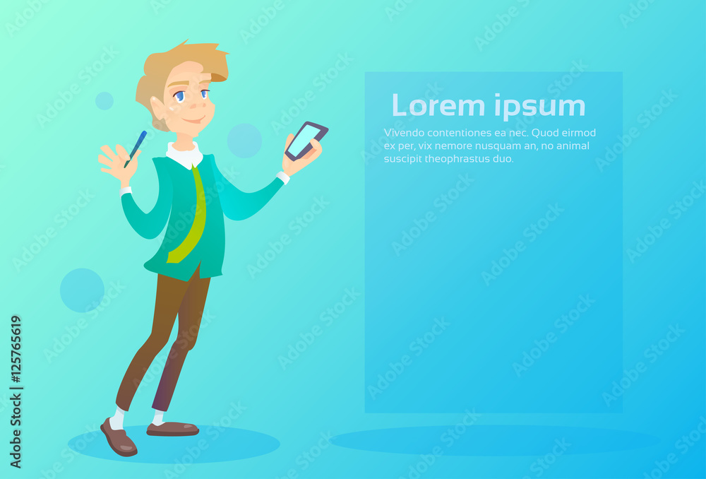 Man Hold Cell Smart Phone Chatting Texting, Social Network Communication Flat Vector Illustration Man Hold Cell Smart Phone Chatting Texting, Social Network Communication Flat Vector Illustration
