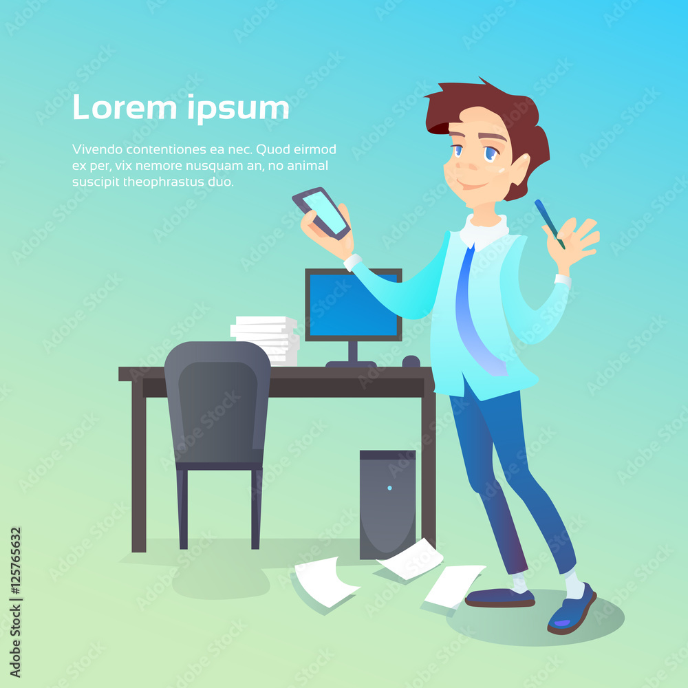 Business Man Hold Cell Smart Phone Chatting Office Workplace Interior, Social Network Communication Flat Vector Illustration Business Man Hold Cell Smart Phone Chatting Office Workplace Interior, Social Network Communication Flat Vector Illustration