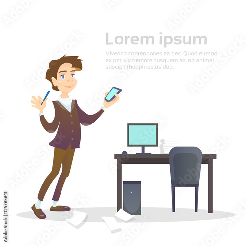 Business Man Hold Cell Smart Phone Chatting Office Workplace Interior, Social Network Communication Flat Vector Illustration © mast3r