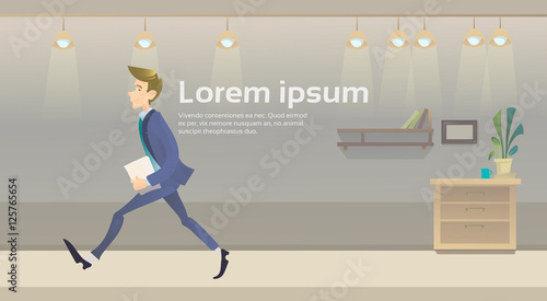Walking Hurry Business Man Go Office Interior Make Step Flat Vector Illustration