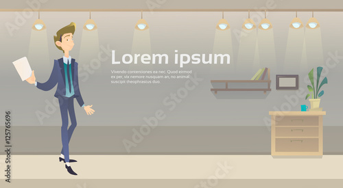 Successful Business Man Hold Contract Document Office Interior Make Step Flat Vector Illustration