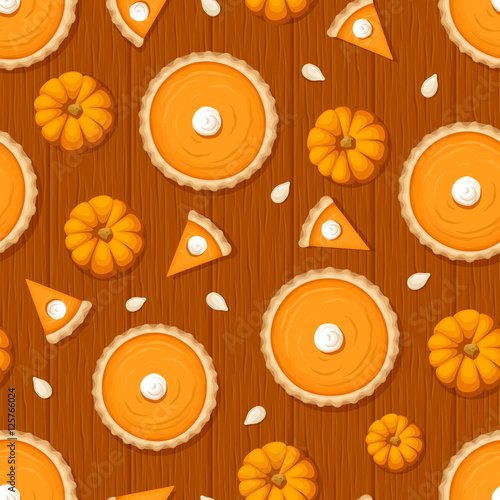 Vector seamless pattern with pumpkin pies, pumpkins and seeds on a wooden background.