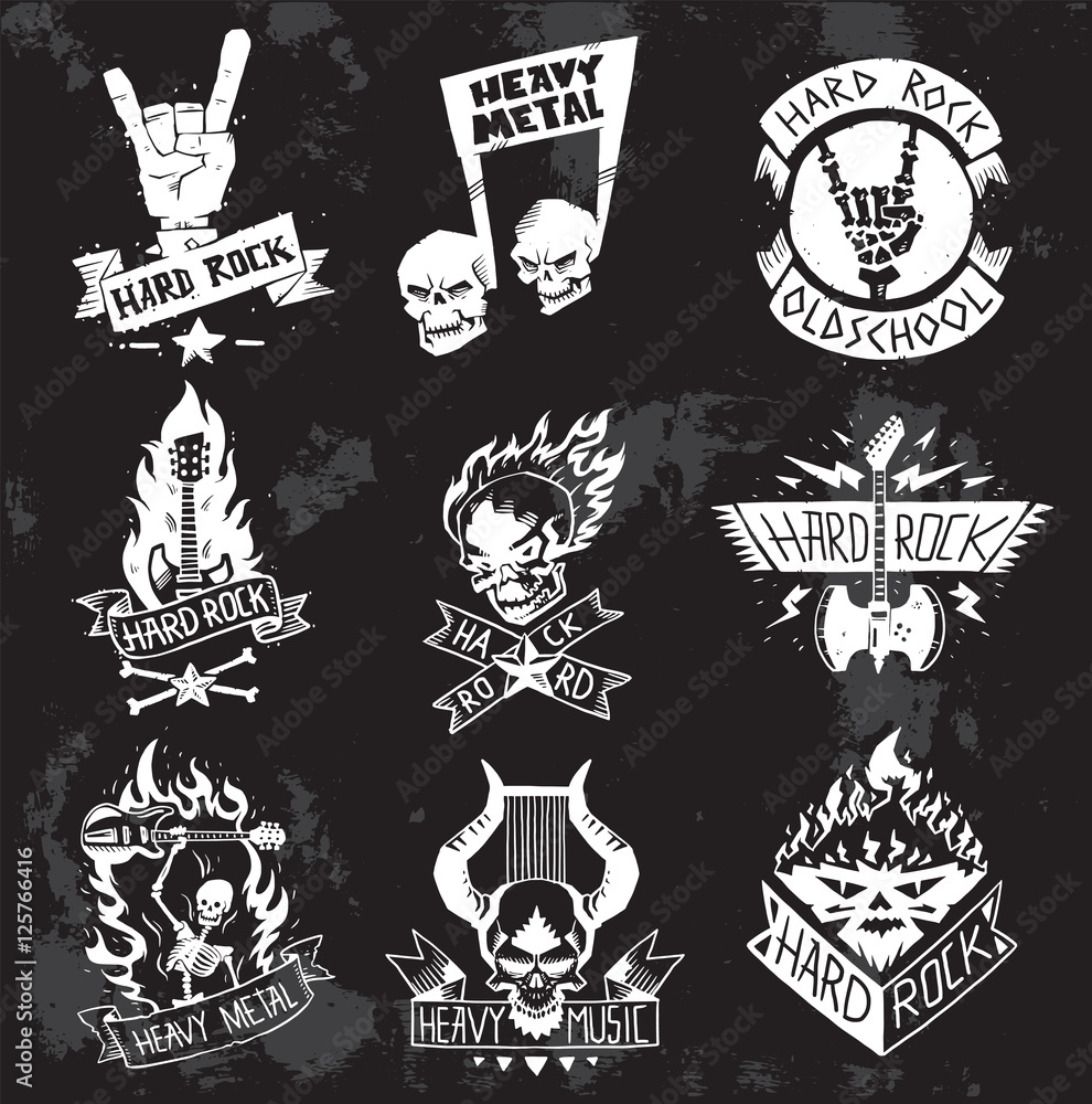 Fototapeta premium Heavy Metal rock badges vector set.