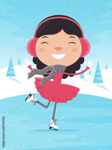 Smiling Girl Ice Skating in Winter. Flat Design Style.