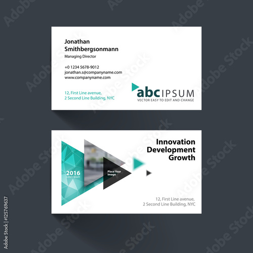 Vector business card template with flying triangles, arrows, pol