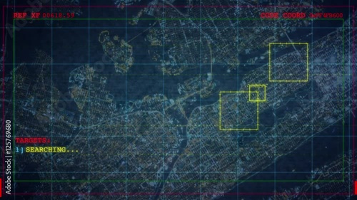 A night aerial reconnaissance using satellite technology showing computerized locking of targets. An ideal background for espionage, war or even corporate themes that depict strategy.