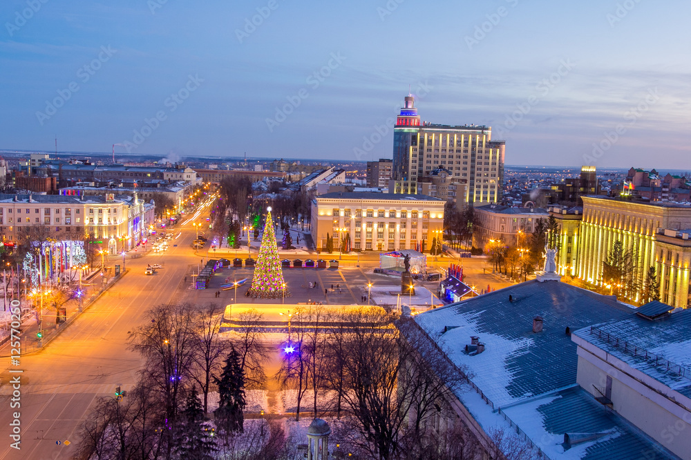 View to Voronezh center from the roof, Lenin square, Christmas tree, winter 