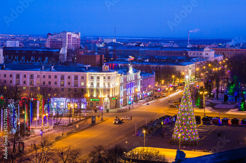 View to Voronezh center from the roof, Lenin square, Christmas tree, winter 