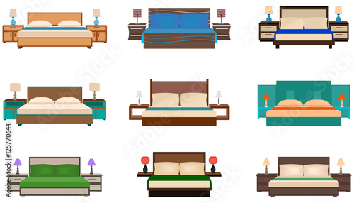 Set of bright colors nine bed collection with bedside tables and lamps.