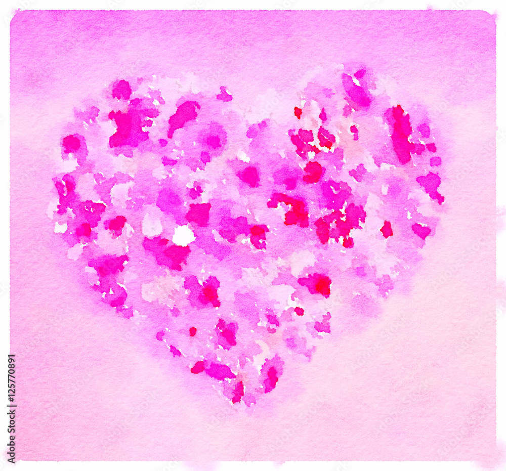Digital watercolor painting of a heart in a range of pinks and reds. Space for text.