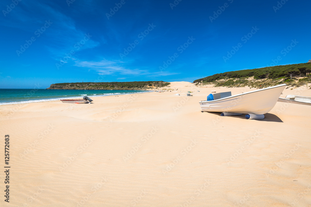 boat at bolonia beach a coastal village in the municipality of Tarifa. boat at bolonia beach a coastal village in the municipality of Tarifa.