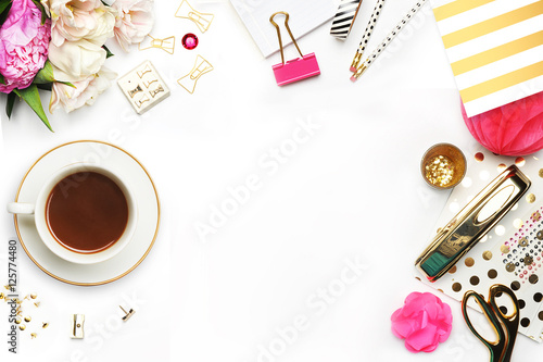 Woman desktop elegant. Coffee cup and items on the table. Mock-up for artwork .View from above. Flat lay.