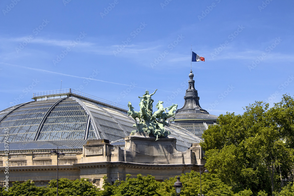 Grand Palais in Paris. French flag waves on the top of the building. Art  nouveau hall with domed glass roof, built in 1900, hosting exhibitions and  cultural events. Stock Photo | Adobe Stock