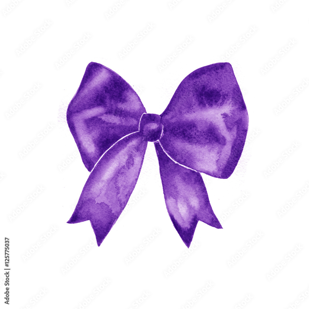 Watercolor violet satin bow. Hand painted illustration. Watercolor violet satin bow. Hand painted illustration.