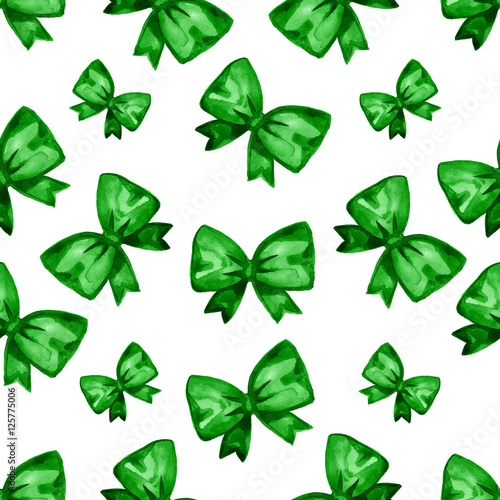 Watercolor green bow seamless pattern. Hand painted illustration. Isolated on white