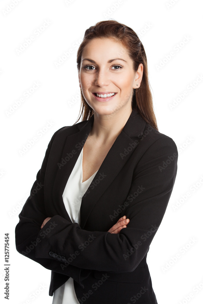 An attractive brunette businesswoman wearing a black suit and white shirt, standing with her arms crossed against white background. An attractive brunette businesswoman wearing a black suit and white shirt, standing with her arms crossed against white background.