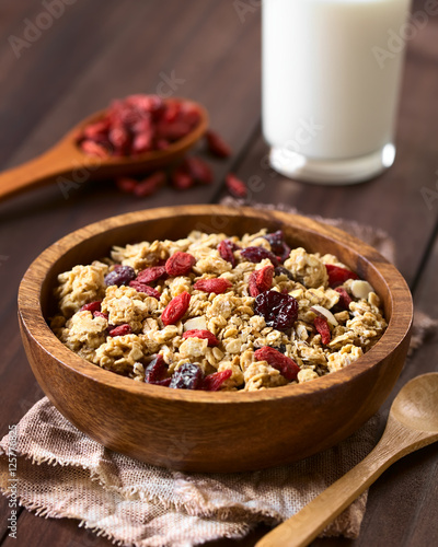 Crunchy oatmeal cereal with almond and dried goji berries and cranberries in wooden bowl, photographed with natural light (Selective Focus, Focus in the middle of the bowl)