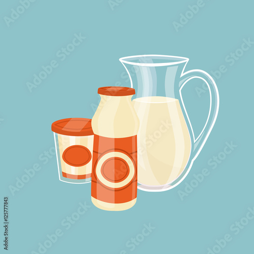 Glass jug with milk and other dairy products isolated on blue background, vector illustration. Nutritious and healthy milk products. Natural and healthy food. Organic farmers products. Dairy icon