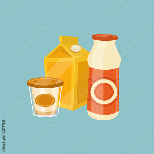 Assortment of dairy products isolated on blue background, vector illustration. Nutritious and healthy milk products. Natural and healthy food. Organic farmers products. Dairy icon.