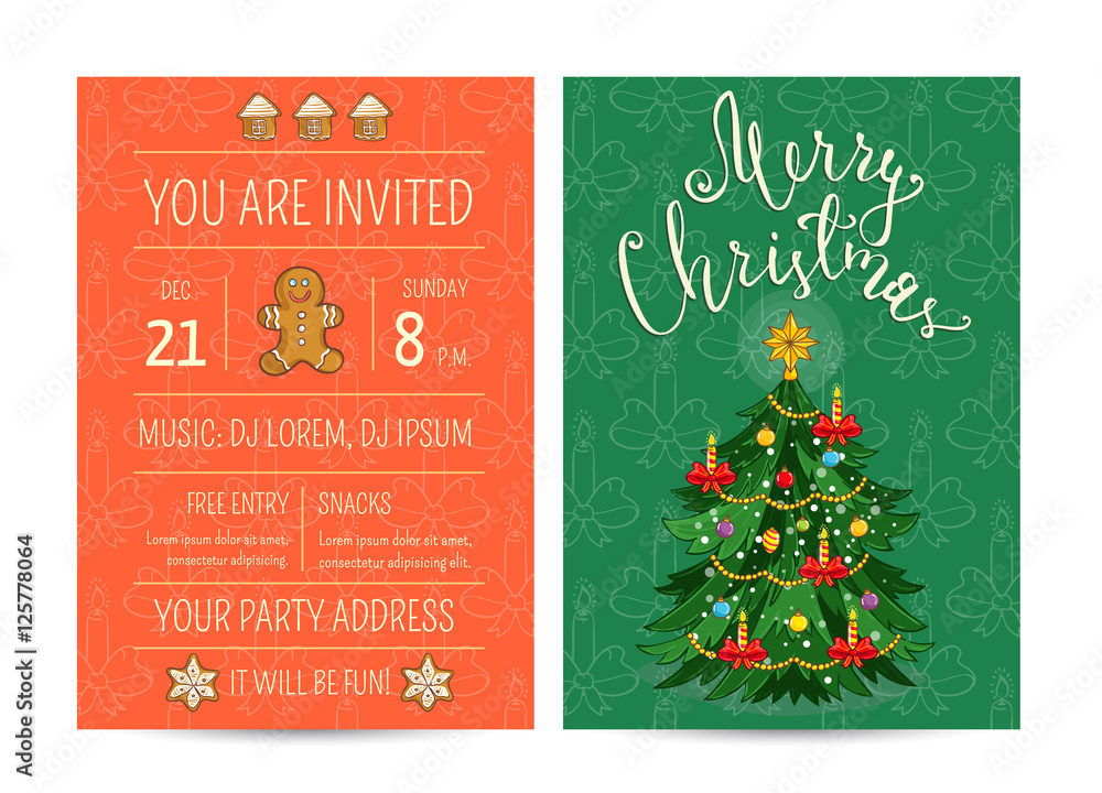 Naklejka premium Invitation on Christmas party with date and time. Decorated with toys, garlands, candles christmas tree, gingerbread cookies cartoon vector. Merry Christmas, happy New Year greetings. Xmas celebrating
