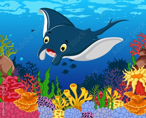 funny stingray cartoon with beauty sea life background