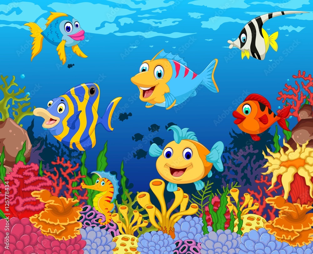 funny fish cartoon with beauty sea life background
