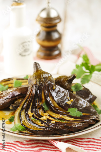 Roasted eggplants in caramel sauce (honey and garlic sauce)