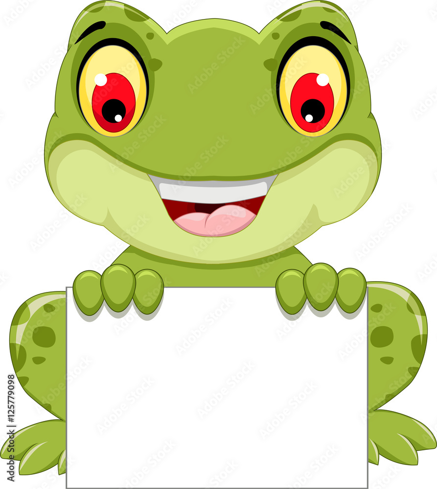 Obraz premium śmieszne kreskówka żaba siedzi trzyma pusty znak
