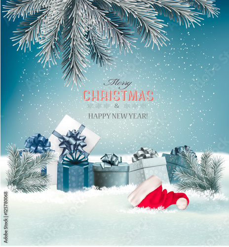 Holiday Christmas background with a gift boxes and Santa hat. Ve