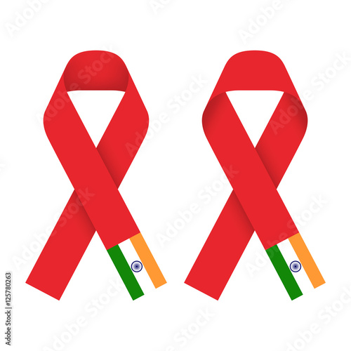 Red ribbon AIDS, HIV icon with India flag concept illustration, front and back side set isolated on white background