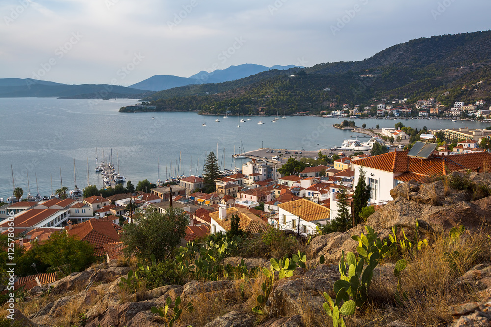 Top view of marina at Poros island, Greece.